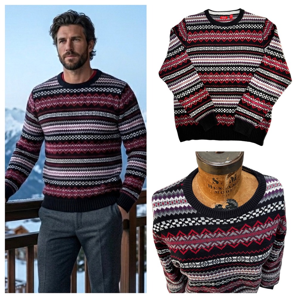 Fair Isle Sweater Red Black Cotton Men Knit Sz M Heritage Rustic Cabin Nordic
